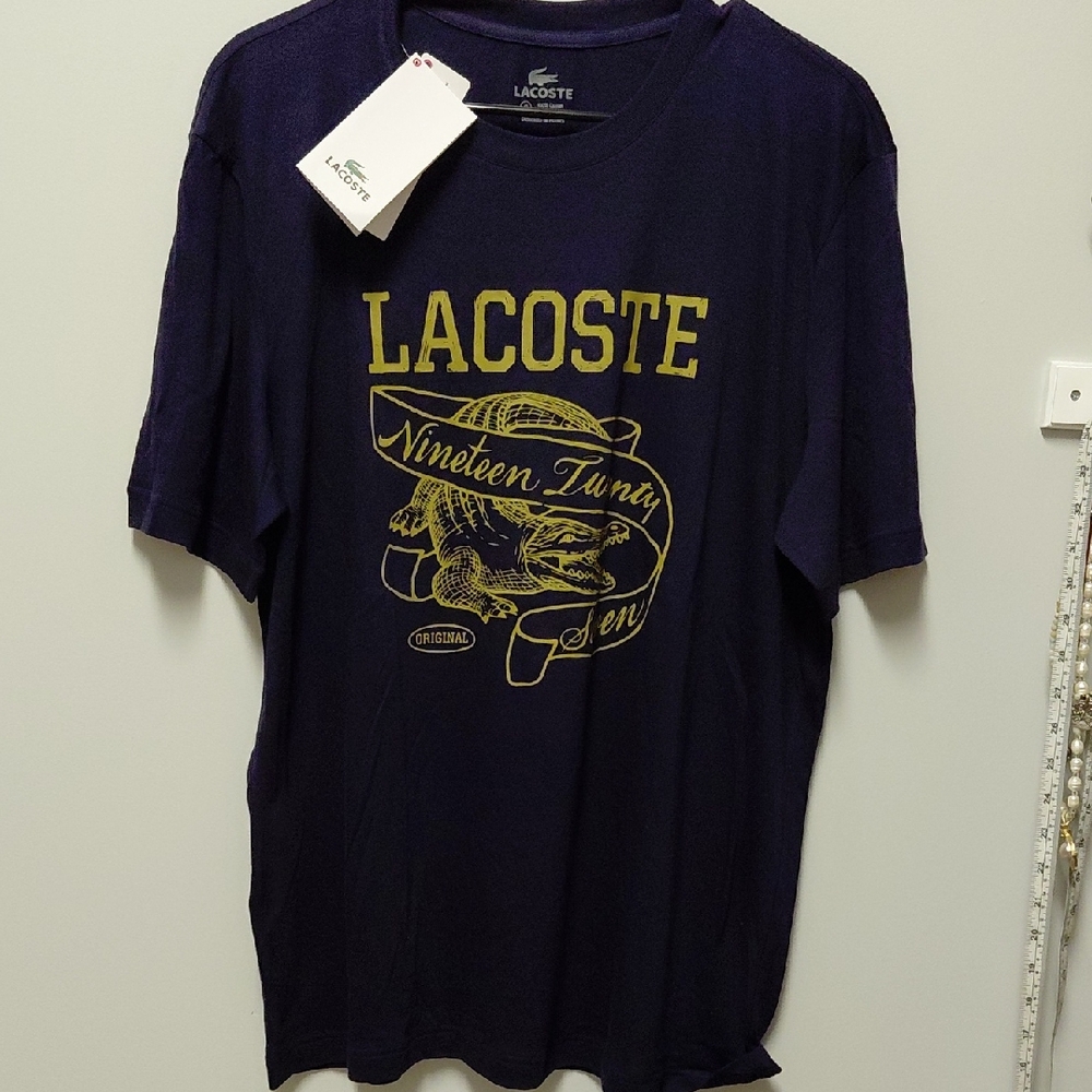 Lacoste Men's Dark Blue Tee with Gold Graphic NWT